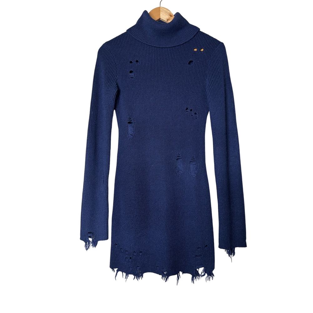 Lovers & Friends Dress Keeney Distressed Wool Blend Long‎ Sleeve High Neck Sz XS